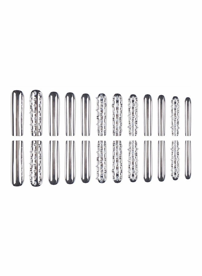 MISUD Press on Nails - Long Square Fake Nails with Silver Chrome, Acrylic Y2K Metallic Rivet Design 24 pcs - Image 4